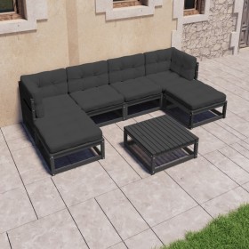 Set de muebles de jardín 7 pzas con cojines madera pino negro en Conjuntos de jardín | Comprar online en Foru.es