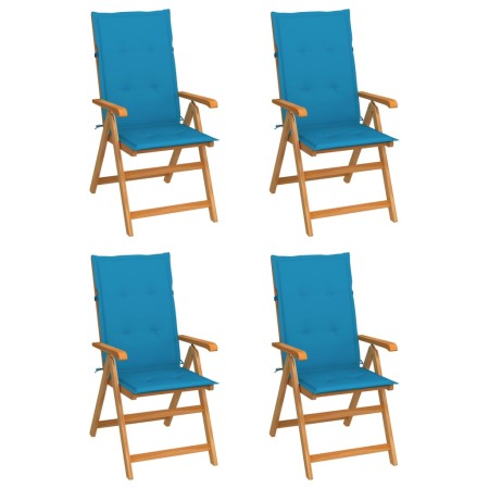 Sillas de jardín 4 uds madera maciza de teca con cojines azules de vidaXL, Sillas de jardín - Ref: Foro24-3065534, Precio: 51...