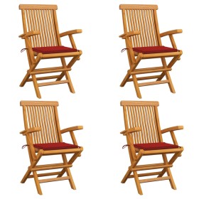Sillas de jardín 4 uds con cojines rojos madera de teca de vidaXL, Sillas de jardín - Ref: Foro24-3065623, Precio: 395,15 €, ...