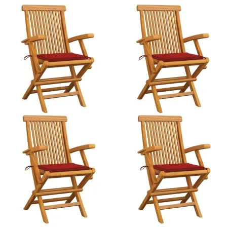 Sillas de jardín 4 uds con cojines rojos madera de teca de vidaXL, Sillas de jardín - Ref: Foro24-3065623, Precio: 357,35 €, ...