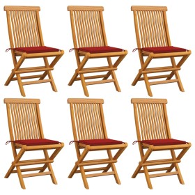 Sillas de jardín 6 uds con cojines rojos madera de teca de vidaXL, Sillas de jardín - Ref: Foro24-3065596, Precio: 404,15 €, ...