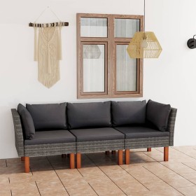 Sofá de jardín de 3 plazas con cojines ratán sintético gris de vidaXL, Conjuntos de jardín - Ref: Foro24-3059707, Precio: 240...
