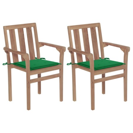 Sillas de jardín 2 unidades con cojines verde madera de teca de vidaXL, Sillas de jardín - Ref: Foro24-3062213, Precio: 254,5...