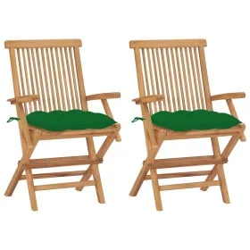 Sillas de jardín 2 uds madera maciza de teca con cojines verdes de vidaXL, Sillas de jardín - Ref: Foro24-3062507, Precio: 18...