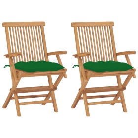 Sillas de jardín 2 uds madera maciza de teca con cojines verdes de vidaXL, Sillas de jardín - Ref: Foro24-3062507, Precio: 20...