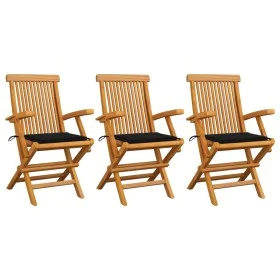 Sillas de jardín 3 uds con cojines negros madera de teca de vidaXL, Sillas de jardín - Ref: Foro24-3062521, Precio: 233,41 €,...
