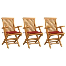 Sillas de jardín 3 uds madera maciza de teca con cojines rojos de vidaXL, Sillas de jardín - Ref: Foro24-3062520, Precio: 238...