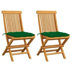 Sillas de jardín 2 uds madera maciza de teca con cojines verdes de vidaXL, Sillas de jardín - Ref: Foro24-3062480, Precio: 14...