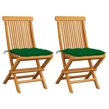 Sillas de jardín 2 uds madera maciza de teca con cojines verdes de vidaXL, Sillas de jardín - Ref: Foro24-3062480, Precio: 14...