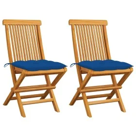 Sillas de jardín 2 uds madera maciza de teca con cojines azules de vidaXL, Sillas de jardín - Ref: Foro24-3062485, Precio: 14...