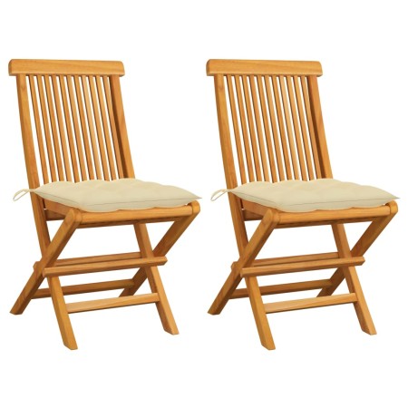 Sillas de jardín 2 uds madera de teca con cojines blanco crema de vidaXL, Sillas de jardín - Ref: Foro24-3062477, Precio: 153...