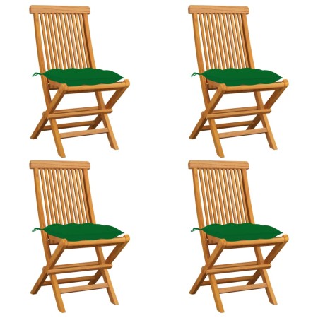 Sillas de jardín 4 uds madera maciza de teca con cojines verdes de vidaXL, Sillas de jardín - Ref: Foro24-3062588, Precio: 24...