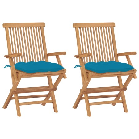 Sillas de jardín 2 uds madera teca con cojines azul claro de vidaXL, Sillas de jardín - Ref: Foro24-3062506, Precio: 204,05 €...