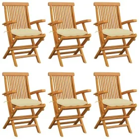 Sillas de jardín 6 uds madera teca con cojines crema blanco de vidaXL, Sillas de jardín - Ref: Foro24-3062558, Precio: 460,02...
