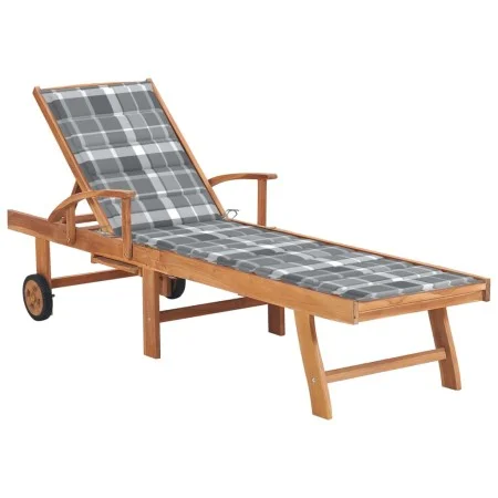 Liege mit grau kariertem Kissen aus massivem Teakholz von vidaXL, Liegen - Ref: Foro24-3063020, Preis: 298,13 €, Rabatt: %