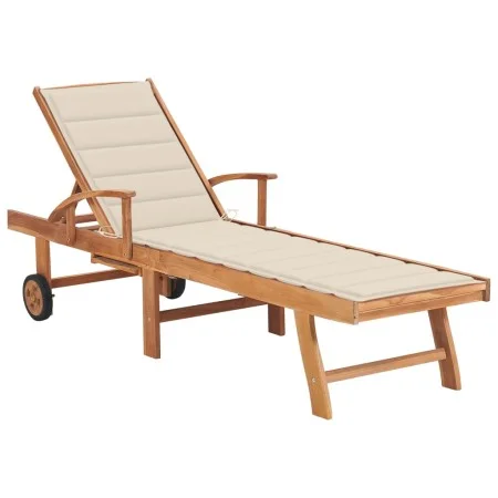 Tumbona con cojín crema madera maciza de teca de vidaXL, Tumbonas - Ref: Foro24-3063008, Precio: 300,75 €, Descuento: %