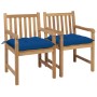 Sillas de jardín 2 uds madera maciza de teca con cojines azules de vidaXL, Sillas de jardín - Ref: Foro24-3062755, Precio: 31...