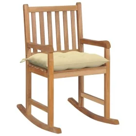 Silla mecedora de madera maciza de teca con cojín blanco crema de vidaXL, Sillas de jardín - Ref: Foro24-3062774, Precio: 163...