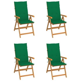 Sillas de jardín 4 uds madera maciza de teca con cojines verdes de vidaXL, Sillas de jardín - Ref: Foro24-3065535, Precio: 50...