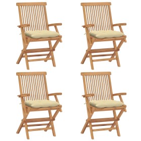 Sillas de jardín 4 uds madera teca con cojines crema blanco de vidaXL, Sillas de jardín - Ref: Foro24-3065634, Precio: 395,95...