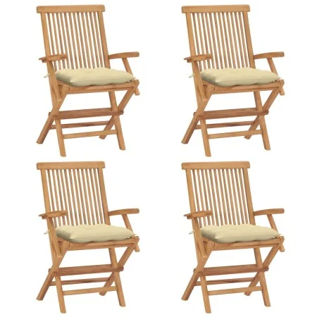 Sillas de jardín 4 uds madera teca con cojines crema blanco de vidaXL, Sillas de jardín - Ref: Foro24-3065634, Precio: 357,01...
