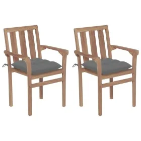Sillas de jardín 2 unidades madera de teca con cojines gris de vidaXL, Sillas de jardín - Ref: Foro24-3062224, Precio: 248,92...