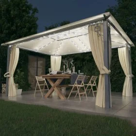 Cenador con cortina y tira luces LED aluminio crema 400x300 cm de vidaXL, Carpas y cenadores - Ref: Foro24-3070335, Precio: 5...