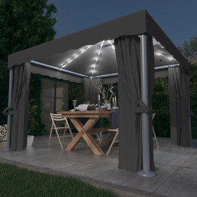 Cenador con cortina y tira de luces aluminio antracita 3x3 m de vidaXL, Carpas y cenadores - Ref: Foro24-3070347, Precio: 540...