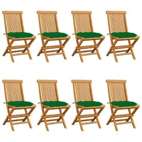 Sillas de jardín 8 uds madera maciza de teca con cojines verdes de vidaXL, Sillas de jardín - Ref: Foro24-3072937, Precio: 46...