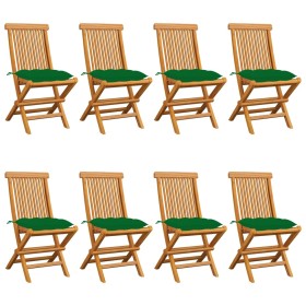 Sillas de jardín 8 uds madera maciza de teca con cojines verdes de vidaXL, Sillas de jardín - Ref: Foro24-3072937, Precio: 48...