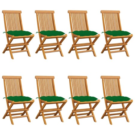 Sillas de jardín 8 uds madera maciza de teca con cojines verdes de vidaXL, Sillas de jardín - Ref: Foro24-3072937, Precio: 48...