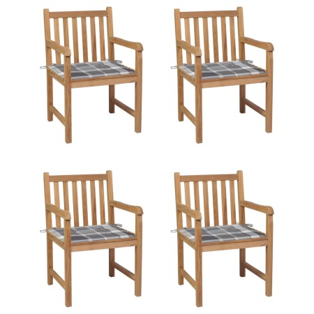 Sillas de jardín 4 uds madera maciza teca cojines cuadros gris de vidaXL, Sillas de jardín - Ref: Foro24-3073018, Precio: 618...