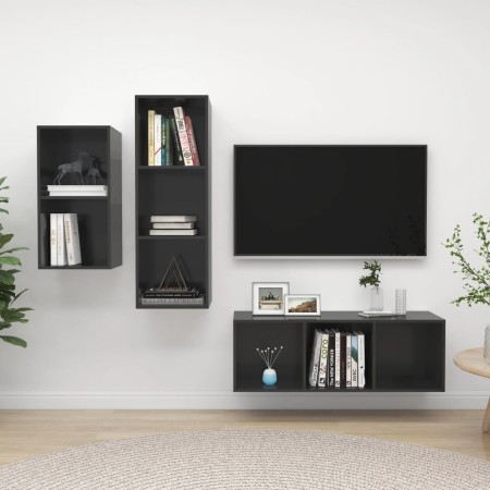 Muebles de salón 3 piezas madera de ingeniería gris brillo de vidaXL, Muebles TV - Ref: Foro24-3079735, Precio: 135,07 €, Des...