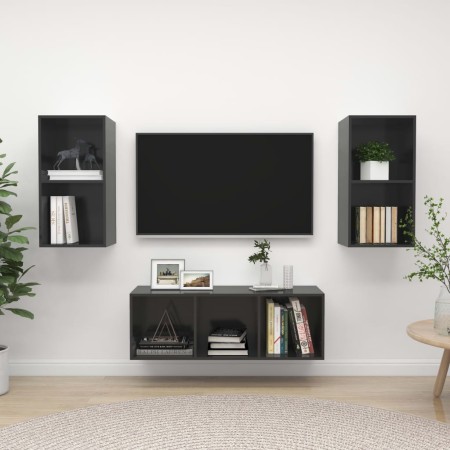 Muebles de salón 3 piezas madera de ingeniería gris con brillo de vidaXL, Muebles TV - Ref: Foro24-3079744, Precio: 122,52 €,...