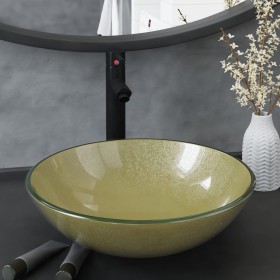 Lavabo de baño grifo&desagüe de empuje vidrio templado dorado de vidaXL, Lavabos - Ref: Foro24-3098460, Precio: 89,87 €, Desc...