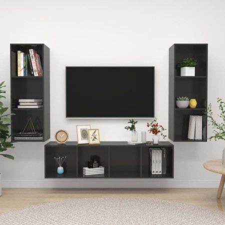 Muebles de salón 3 piezas madera de ingeniería gris con brillo de vidaXL, Muebles TV - Ref: Foro24-3079753, Precio: 159,43 €,...