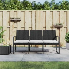 Banco de jardín de 3 plazas con cojines PP aspecto ratán negro de vidaXL, Bancos de jardín - Ref: Foro24-360212, Precio: 159,...