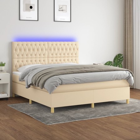 Cama box spring colchón y luces LED tela crema 160x200 cm de vidaXL, Camas y somieres - Ref: Foro24-3135690, Precio: 641,86 €...