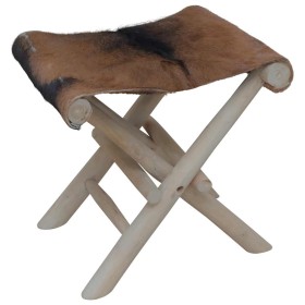 Taburete plegable de piel de cabra y madera de teca maciza en Taburetes y sillas plegables | Comprar online en Foru.es