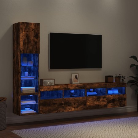 Muebles TV pared con LED 4 pzas madera ingeniería roble ahumado en Muebles TV | Comprar online en Foru.es