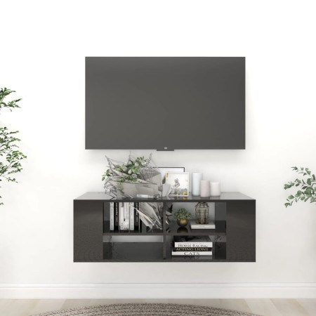 Mueble pared TV madera contrachapada negro brillo 102x35x35 cm en Muebles TV | Comprar online en Foru.es