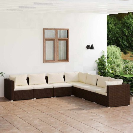 Set muebles de jardín 7 piezas y cojines ratán sintético marrón en Conjuntos de jardín | Comprar online en Foru.es