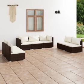 Set muebles de jardín 7 piezas y cojines ratán sintético marrón en Conjuntos de jardín | Comprar online en Foru.es