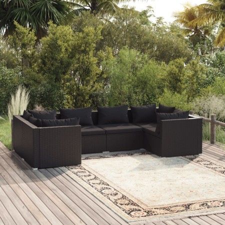 Set sofás de jardín 6 piezas y cojines ratán sintético negro de vidaXL, Conjuntos de jardín - Ref: Foro24-3101936, Precio: 70...