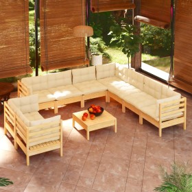 Muebles de jardín 10 pzas y cojines madera maciza de pino crema en Conjuntos de jardín | Comprar online en Foru.es