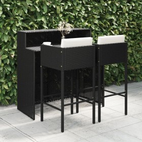 Set muebles bar jardín 3 piezas y cojines ratán sintético negro en Conjuntos de jardín | Comprar online en Foru.es