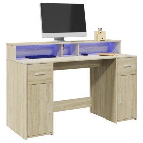 Escritorio con LED madera ingeniería roble Sonoma 140x55x91 cm en Oficina | Comprar online en Foru.es