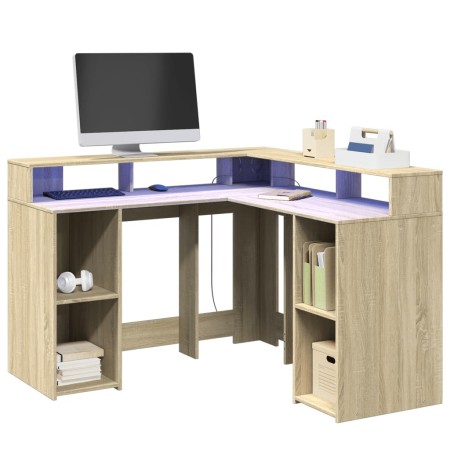 Escritorio con LED madera ingeniería roble Sonoma 130x130x91 cm en Oficina | Comprar online en Foru.es