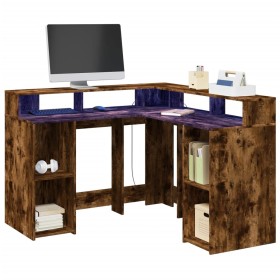 Escritorio con LED madera ingeniería roble ahumado 130x130x91cm en Oficina | Comprar online en Foru.es