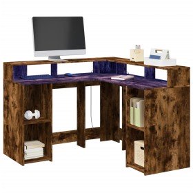 Escritorio con LED madera ingeniería roble ahumado 130x130x91cm en Oficina | Comprar online en Foru.es